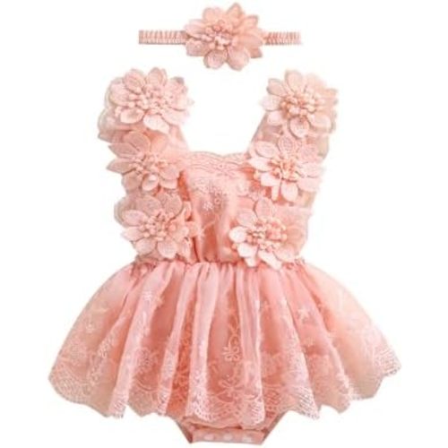 Newborn Baby Girl Romper Dress Lace Floral Sleeveless Tulle Dress with Headband Infant Summer Mesh Jumpsuits