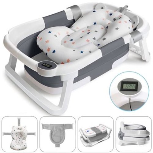 TOPCHANCES Foldable Baby Bathtub, Travel Newborn Bath Tub with Bath Cushion & Bath Net, Grey