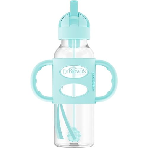 Dr. Brown's Milestones Narrow Sippy Straw Bottle, Spill-Proof with 100% Silicone Handles and Weighted Straw, 8 oz/250 mL, Green, 6m+