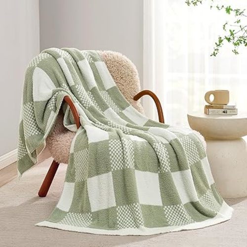 Snuggle Sac Checkered Blanket, Sage Green Throw Blanket for Couch Checker Microfiber Warm Fuzzy Cozy Soft Oversized Throw XL Reversible Checkered Blankets for Sofa, Chair, Bed, 50x70 inches