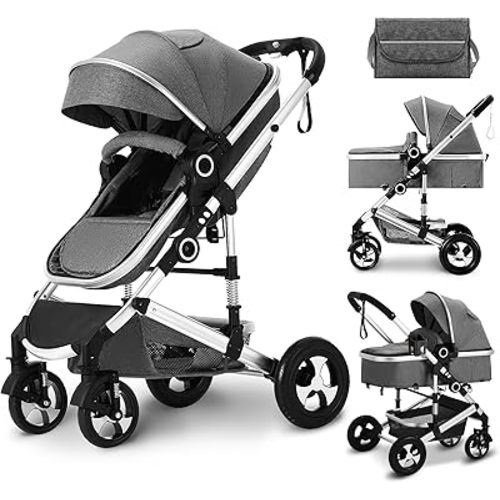 Kinder King 2 in 1 Convertible Baby Stroller, Folding High Landscape Infant Carriage, Newborn Reversible Bassinet Pram, Diaper Bag, Anti-Shock Toddler Pushchair Stroller, Dark Grey