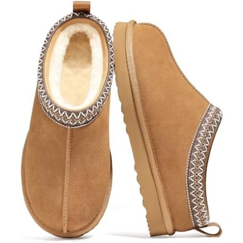 Genuine Suede Fuzzy Slippers for Women Winter Warm House Shoes Cozy Mini Boots for Indoor Outdoor