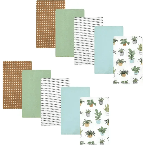Hudson Baby Unisex Baby Cotton Flannel Burp Cloths, Plants 10 Pack, One Size
