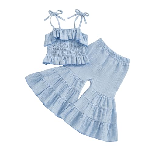 Kavousa Toddler Baby Girl Smocked Outfit Ruffle Halter Shirt Flared Pants Set Toddler Bell Bottom Outfit Summer Clothes