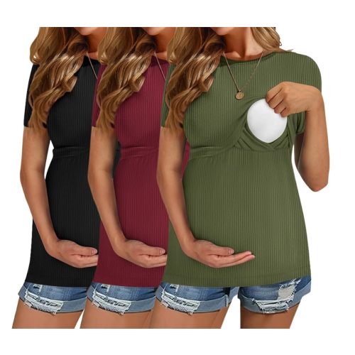 Ekouaer Womens Nursing Tops 3 Pack Short Sleeve Ribbed Breastfeeding Shirts Double Layer Maternity Shirt Pregnancy Clothes