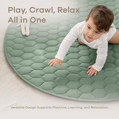 Comfy Cubs Round Kids Play Mat - Medium 48 inches Soft Quilted Baby Floor Mat - Fern