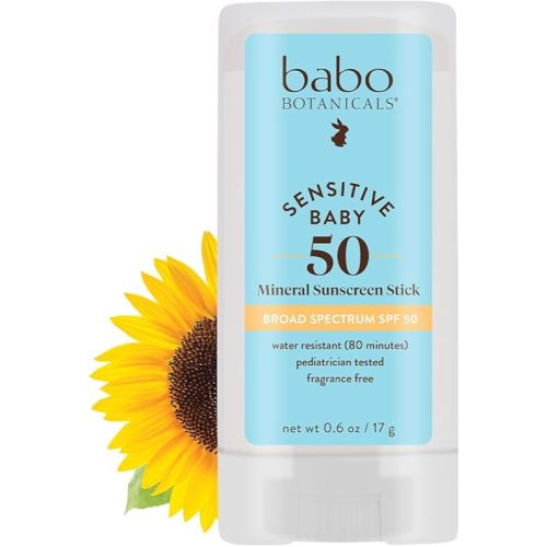 Babo Botanicals Sensitive Baby Mineral Sunscreen Stick SPF 50-70% Organic Ingredients - Zinc Oxide - NSF & Made Safe Certified - EWG Verified - Water Resistant - Fragrance-Free - for Babies & Kids