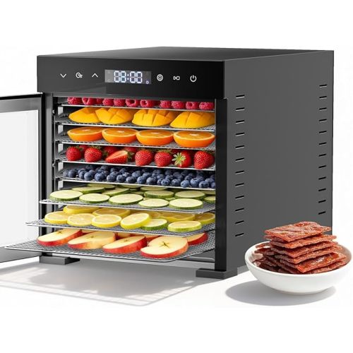 OLIXIS Food Dehydrator Machine, 500W Jerky Dehydrators with 8 Stainless Steel Large Trays, 185°F Temperature Control & 24H Timer Food Dryer for Fruit Meat Herb Dog Treats, Silver