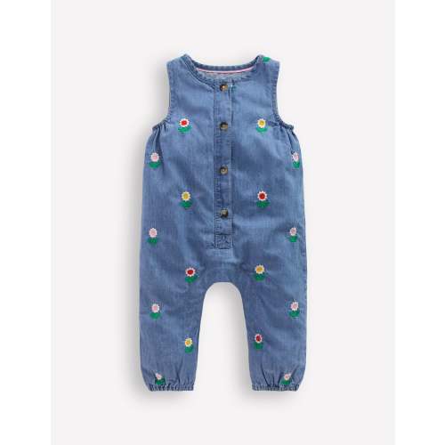 Embroidered Chambray Romper-Floral Embroidered Chambray