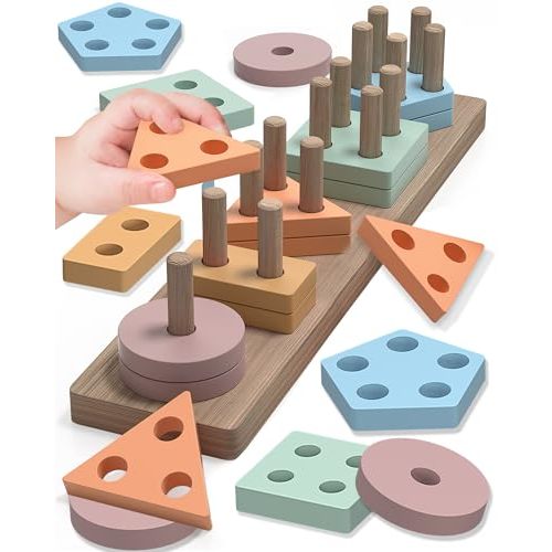Montessori Toys for 1 2 3 Year Old Boy Girl, Toys for Ages 2-4 Toddlers Kids Baby, 1 2 Year Old Birthday Gifts, Wooden Learning Puzzles Shape Sorter Toys for Toddlers 1-3