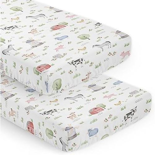Sweet Jojo Designs Farm Animals Boy Girl Baby Fitted Crib Sheet Set Infant Newborn Nursery Toddler Bed Room Standard Mattress 2pc Gender neutral Watercolor Farmhouse Barn Horse Pig Cow Black and White