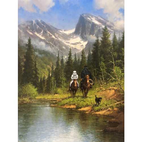 Darth Vader Stormtrooper cowboys horse back riding Star Wars Upcycled thrift store painting fine art print decor poster