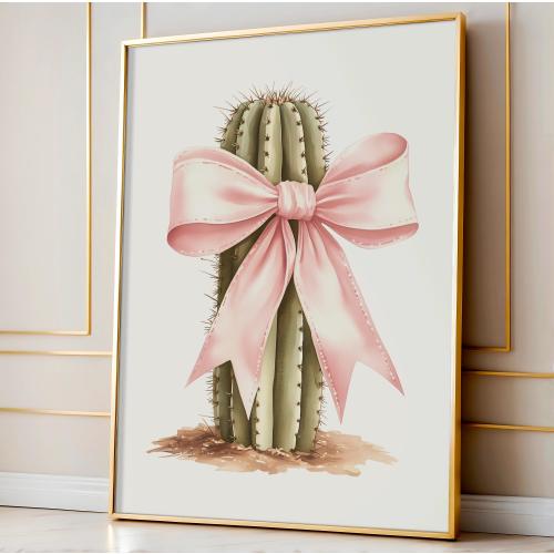 Pink Bow Cactus Wall Art, Cactus Art print, Pink Coquette Bow, Desert Cactus, Nursery Decor, Pink Room Decor, Cowgirl Western Decor, PCW