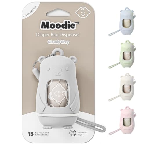 Teddy Bear Diaper Bag Dispenser | Diaper Trash Bags on the Go Dispenser w/Silicon Strap | 15 UNSCENTED Baby Poop Bags per Roll | Dirty Diaper Bags Disposable | Diaper Waste Bags (CLOUDY GREY)