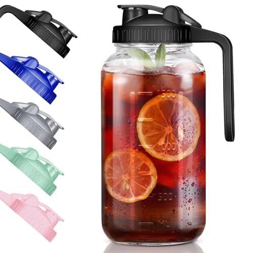 Wide Mouth Mason Jars 64 oz with Pour Spout Lids, SNGKMSYG 2 Quart Glass Pitcher with Lid, Double Leak Proof Breast Milk Pitcher for Fridge, Coffee, Water, Iced Tea (Black, 64oz, 1 Pack)