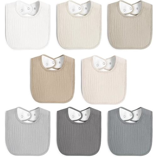 8 Pack Muslin 100% Cotton Baby Bibs for Unisex, Soft and Absorbent Gender Neutral Set for Feeding and Drooling