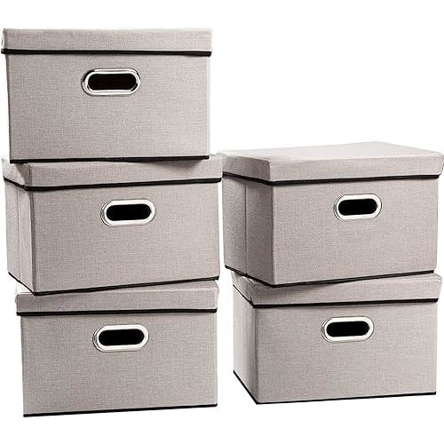 PRANDOM Foldable Storage Bin with Lid [5-Pack] Linen Fabric Decorative Storage Box Organizer Container Basket Cube with Handles Divider for Closet Office Living Room Light Grey(14.9x9.8x9.8)