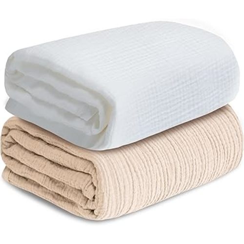 Muslin Swaddle Blankets for Newborn, 2 Pack Breathable Soft Receiving Blanket, Large 41 x 41 inches Swaddle Wrap Burping Clothes, Essentials Infant Shower Items. (Beige & White)
