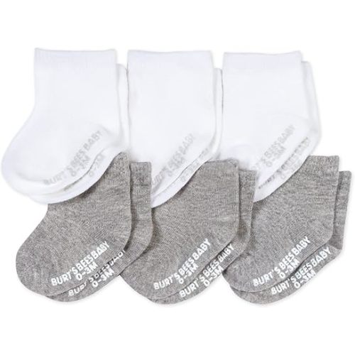 Burt's Bees Baby Unisex Baby Socks Crew Height Made with Soft Organic Cotton, 6 Packs with Non-Slip Grips for Babies