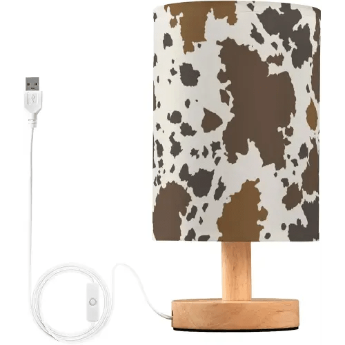 Table Lamp Cow Skin Brown Cowhide Pattern Nightstand Lamp with Wood Base Fabric Lamp Shade Bedside Desk Lamp for Living Room Bedroom Kids Room Office