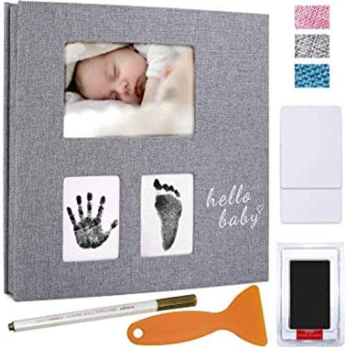Vienrose Baby Photo Album Self Adhesive Memory Book 4x6 Scrapbook Kit with Clean-Touch Ink Pad Handprint Footprint and A Metallic Pen for Boy/Girl 3 Windows 40 Pages