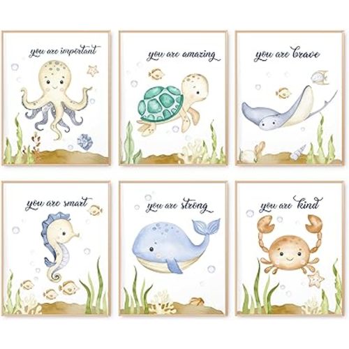 AnyDesign Texture of Dreams Watercolor Sea marine life Art Print Set of 6 (8" x 10") Sea Turtle Seahorse fish whale Jellyfish Watercolor Poster Blue Theme School Kids Room Wall Decor, Unframed