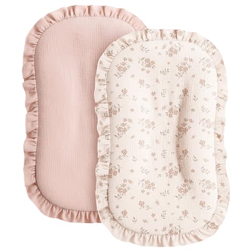 Konssy Muslin Baby Lounger Cover 2 Pack, 100% Cotton Newborn Lounger Cover, Soft and Breathable Lounger Slipcover for Boys Girls, Covers Only (Pink,Flower Blossom)