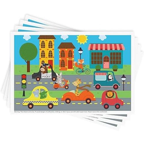 Disposable Stick-on Placemats 40 Pack for Baby & Kids, Toddler Placemats in Reusable Pouch 12" x 18" (Multicolor Animals Driving Cars)