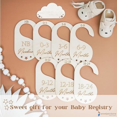 Woodpeckers Newborn to Toddler Baby Closet Dividers 1 Sets of 7 Hangers +Bonus, 2-Sided, Nursery Clothes Organizer for 1-½ inch Rod, Baby Registry Must-Haves - Double Sided