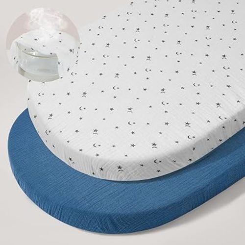 Basumee Muslin Bassinet Sheets for Baby Girl Boy 2 Pack Soft Breathable Baby Bedside Bassinet Fitted Sheets with Bottom Elastic Band Mattress Cover for Rectangle Oval Hourglass Bassinets