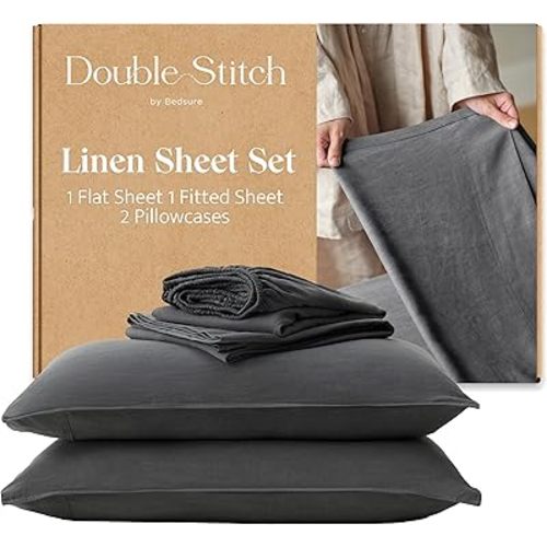 Double Stitch European Flax Linen Sheets King - Breathable Linen Blend Bedding Set 4 PC, Sustainable, Moisture-Wicking & Cooling Sheet Set, Deep Pocket Up to 16'', Featured in USA Today, Charcoal Grey