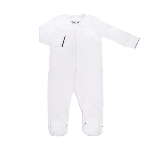 Sammy + Nat Zipper Romper in White with Navy Picot Trim - 6M