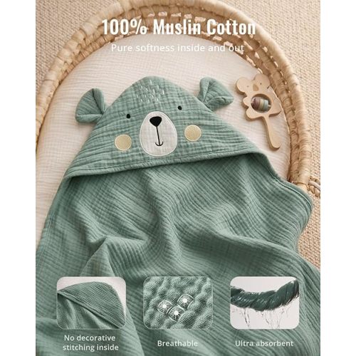 Blissful Diary Muslin Baby Hooded Towel, Soft and Absorbent Bath Towel for Newborn, Infant, Toddler, Unisex, 32″x32″ - Smart Bear