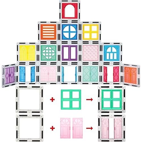 PicassoTiles 40pcs Magnetic Tiles Clip-in Window and Door Expansion Set, Magnetic Block Add-ons, Magnet Building Construction Toys, STEM Education Learning Block for Toddler Boys and Girls 3+ PTW40