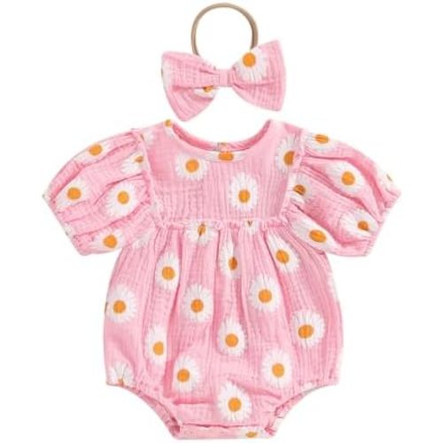 Baby Girl Rompers Daisy Print Short Sleeve Infant Bodysuit Summer Newborn Girl Linen Cotton Jumpsuit Clothes Headband