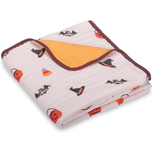 LollyBanks Muslin Baby Blanket 100% Cotton, Muslin Quilt Lightweight, 6 Layers Soft Blanket Neutral, 47"x 47" Toddler Blankets for Girls and Boys (Pumpkin,Bat,Witch Hat/Halloween Print)