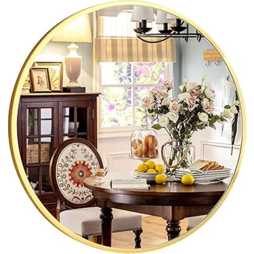 24 Inch Round Gold Metal Wall Mirror - Stylish Circle Mirror for Entryway, Bathroom, and Living Room Decor | Matte Gold Circle Wall Mirror