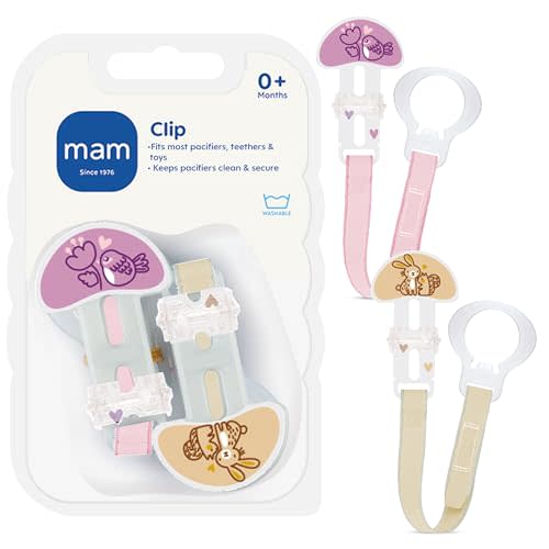 MAM Universal Pacifier Clip Fits All Pacifiers & Teethers, 0+ Months, 2 Pk | Pacifier Holder Strap with One Hand Sliding Clip, Fits All Pacifiers & Teethers, Soft Ribbon Strap, BPA Free, Made In Europe