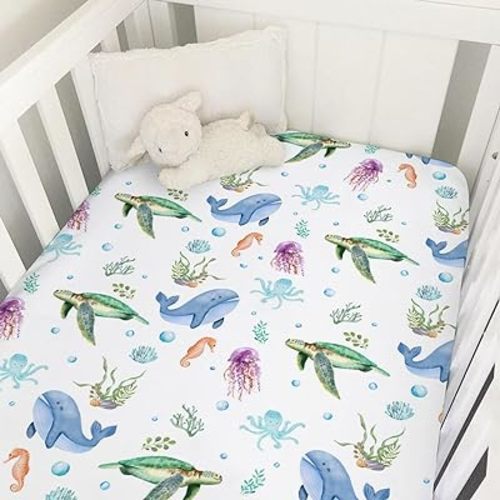Cute Sea Animals Baby Crib Sheets 52''x28'' Ocean Turtle Whale Jellyfish Sea Horse Weeds Fitted Crib Mattress Cover for Boy Girl Marine Nursery Baby Bed Sheets for Standard Crib and Toddler Mattress
