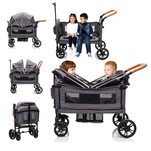 Luxury Wagon Stroller for 2 Kids & Cargo-Lightweight Foldable Travel Push Pull All-Terrain Double Wagon for Newborn&Toddler with 5-Point Harness,Adjustable Handle, Canopy,Tray Table,Cup Holder