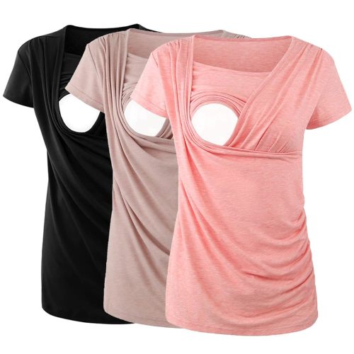Ecavus 3PCS Women's Maternity Nursing Tops for Breastfeeding Short Sleeve Side Ruched Nursing Shirts
