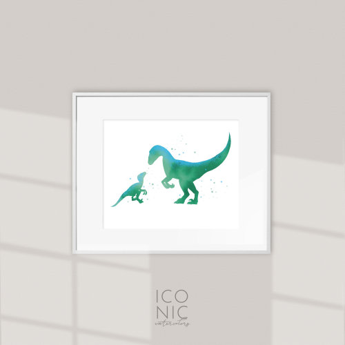 Baby Velociraptor and Mom Printable Art, Dinosaur Digital Download, Kids Room Decor, Boys Room Poster, Watercolor Dinos Print, Minimalist