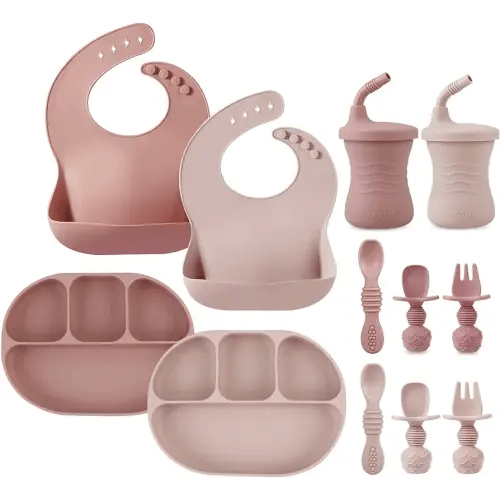 PandaEar 12PCS Silicone Baby Feeding Set | 2 Sectioned Baby Suction Plate, 2 Baby Bibs, 2 Toddler Cup, 4 Baby Spoons & 2 Baby Forks | Baby Led Weaning Supplies