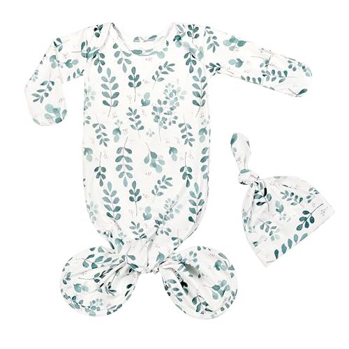 Giggle Angel Newborn Baby Sleeper Gown Knotted Gown Baby Girl Boy Coming Home Outfits 2-Piece Gown and Hat Set 0-3 Months