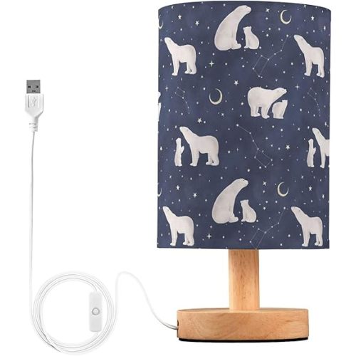 Table Lamp Polar Bear Constellation Star Crescent Pattern Nightstand Lamp with Wood Base Fabric Lamp Shade Bedside Desk Lamp for Living Room Bedroom Kids Room Office