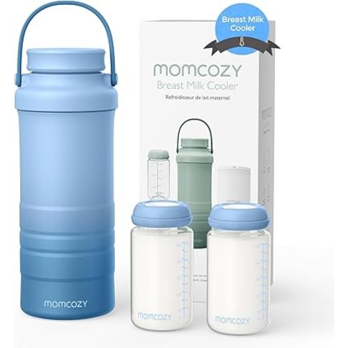 Momcozy 22oz Portable Breast Milk Cooler for Outdoor, Life Saver with 360° Total Cooling for 24 Hours, Larger Capacity Travel Breastmilk Chiller with 2pcs Baby Bottles for Breastmilk Storage, Blue