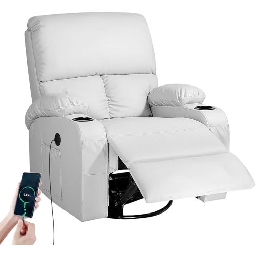 Rocking Recliner Chair, Massage Rocker Recliner Chair with Vibration Massage and Heat, USB and Type-C Ports,360° Swivel Faux Leather Chairs, Living Room, Bedroom, Nursery, RV, Light Grey
