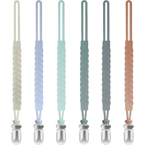 TenderBabe Silicone Pacifier Clip for Baby Boys and Girls, Pack of 6 Soft Flexible Paci Binky Clips with One-Piece Braided-Style Design,BPA-Free Newborn Essentials