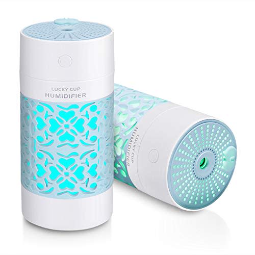 Portable Humidifiers Car Humidifier Cool Mist Humidifying for Kids Rooms Travel Office Bedroom with High and Low Mist Settings 7 Colors Night Light Auto Shut-Off 250ml Blue