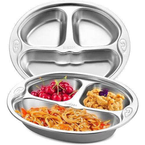 Set of 2 Stainless Steel Divided Plate, 3 Sections Portion Control Dinner Plate, Cut Unbreakable Monkey Shape Compact Food Serving Tray for Kids, Picky Eaters, Campers (2)